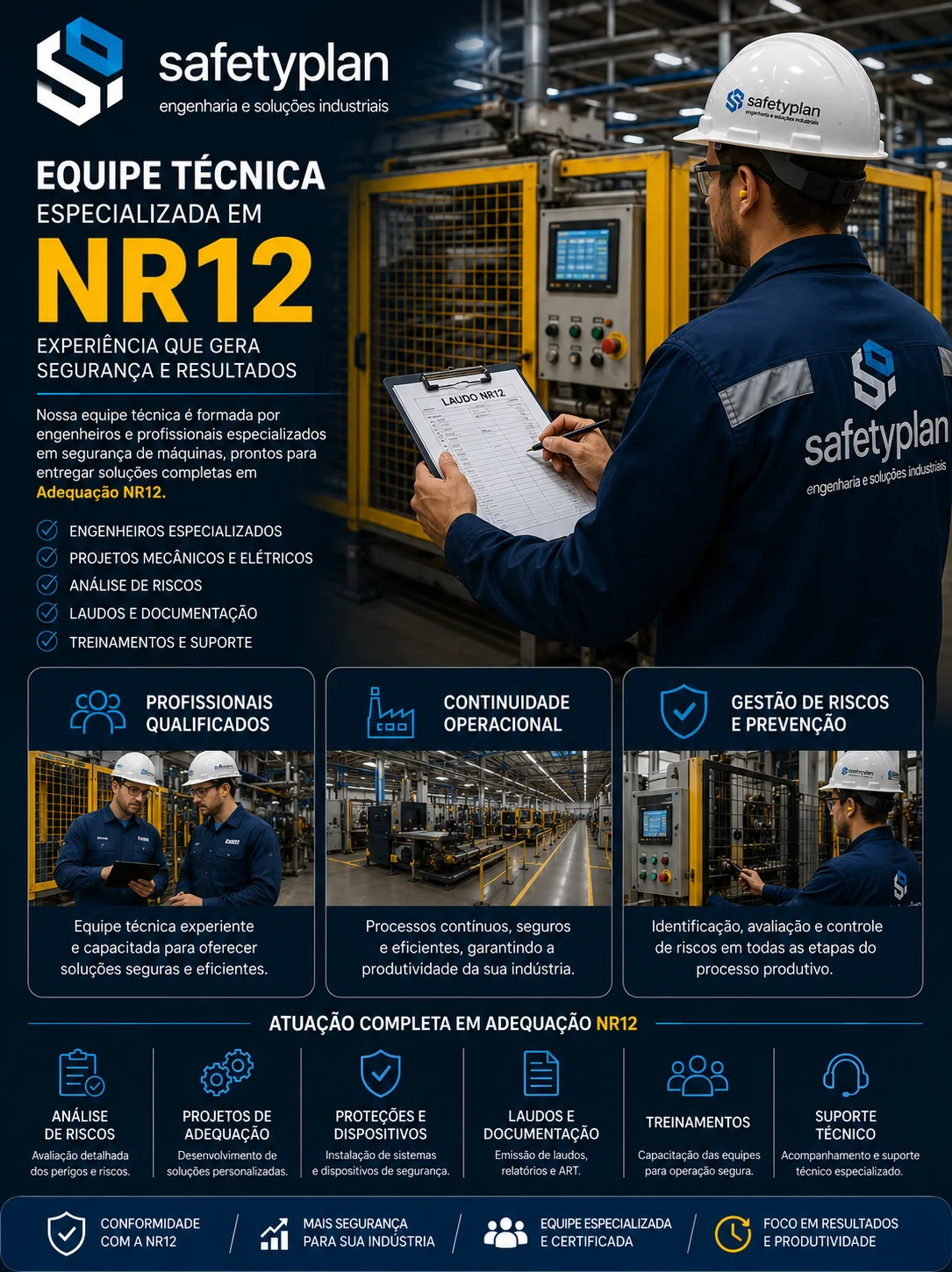 Equipe técnica SafetyPlan especializada em NR12 diante de máquina industrial protegida