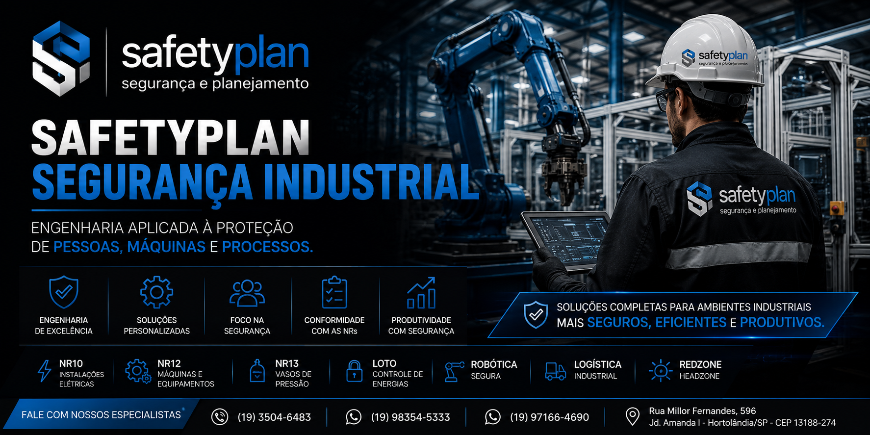 SafetyPlan Segurança Industrial em Campinas - NR10, NR12, NR13, LOTO, Robótica, Logística e RedZone