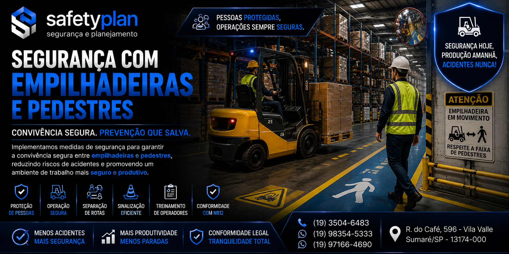 Empilhadeiras e pedestres em ambiente industrial
