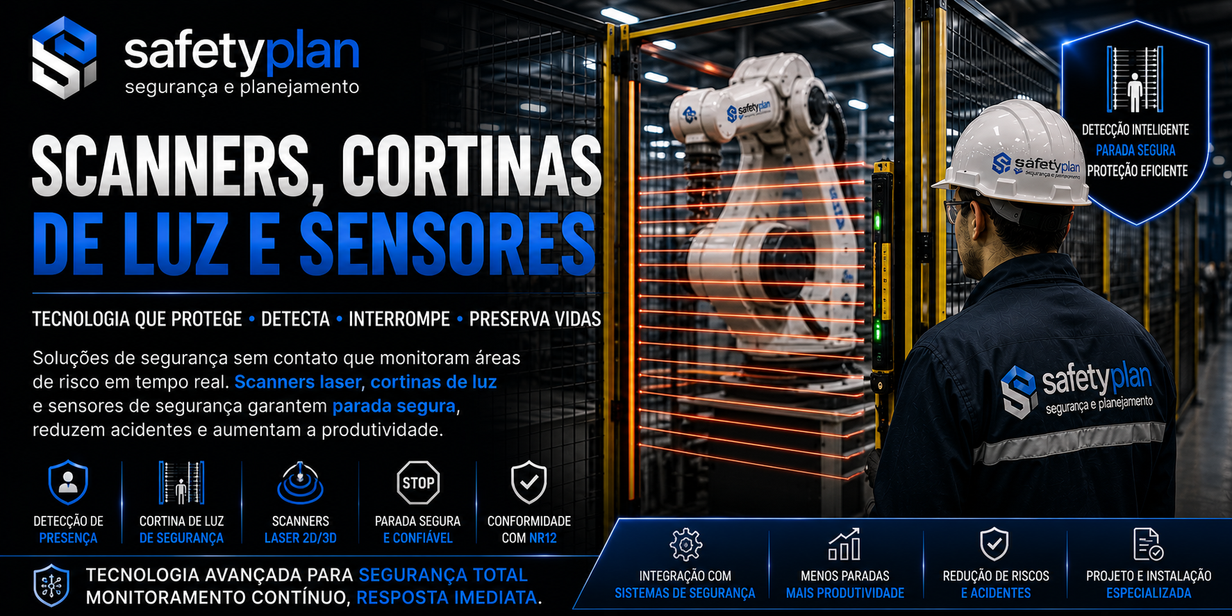 Cercamentos e proteções de segurança para robôs
